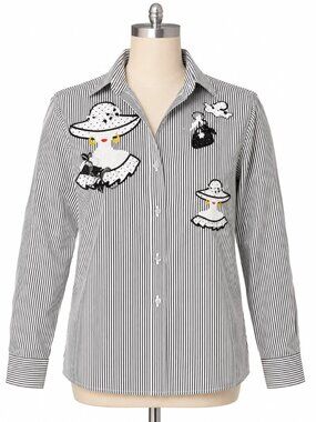 VTG Apache Black & White Striped SM Long Sleeve Button Up Fashion Applique EUC